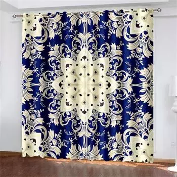 2 шт. шторы в стиле бохо с синим, золотым, желтым цветочным декором для спальни, гостиной, кухни, балкона, оконного жалюзи, декор для затенения 50W130H(CM)X2PCS&Grommet Top