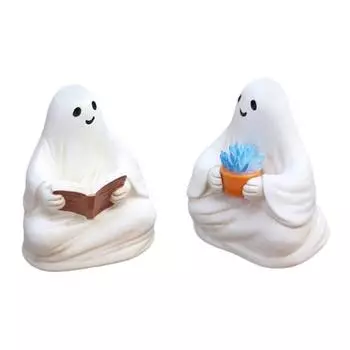2 шт. Сидячие фигурки призраков, Читающий призрак, Статуэтка из смолы, Призрак, держащий горшечное растение, Статуя, Хэллоуинский декор для шкафа, каминной полки 1 Set