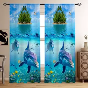 2 шт. Синие морские дельфины узор острова напечатанные полупрозрачные шторы гостиная игровая спальня кухня многофункциональный полиэстер Small(W50H50cm)-2&Rod Pocket