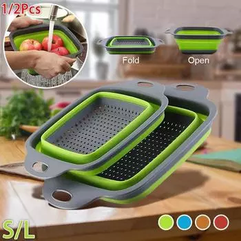 2 шт. складная сушилка для мытья с ручкой, корзина для фильтра для фруктов и овощей, силиконовый складной дуршлаг, кухонный инструмент MYY S+L красный