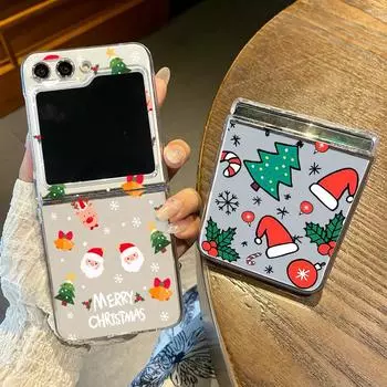 2 шт. складной прозрачный чехол для телефона Samsung Z Flip6 Flip5 Flip4 Flip3 мультяшная рождественская шапка елка узор Санта-Клауса тонкий ударопрочный жесткий чехол для ПК Samsung Z Flip6