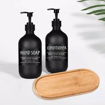2 шт., сменный флакон для эстетического мыла, шампунь для путешествий, большая емкость, дозатор шампуня для мыла для ванной комнаты с бамбуковым подносом с 6 этикетками матовый черный