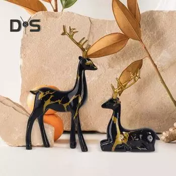 2 шт. смоляного украшения в виде оленя, стоящего оленя и лежащего оленя, настольная фигурка оленя для книжной полки, каминной полки, шкафа, декора синий/красный