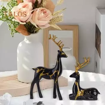 2 шт. смоляного украшения в виде оленя, стоящего оленя и лежащего оленя, настольная фигурка оленя для книжной полки, каминной полки, шкафа, декора синий/фиолетовый