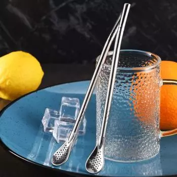 2 шт., соломенный фильтр из нержавеющей стали, ложка, многоразовое ситечко для чая, фильтр-ложка, соломинки для питья с чистящей щеткой, двусторонняя чайная соломинка для кофе серебряный