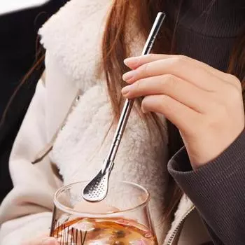 2 шт., соломенный фильтр из нержавеющей стали, ложка, многоразовое ситечко для чая, фильтр-ложка, соломинки для питья с чистящей щеткой, двусторонняя чайная соломинка для кофе серебряный