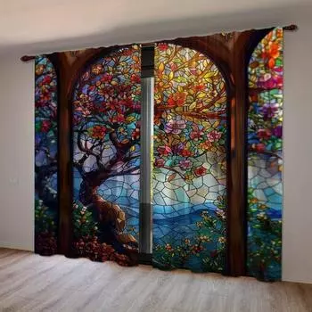 2 шт. Современный стиль Дерево жизни и дизайн цветов каштана Шторы полиэстер трикотажное переплетение тканые шторы для спальни, гостиной 2x50W160H(CM)40x63in&Hook