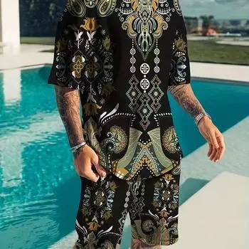 2 шт.: спортивная одежда, мужская футболка с цветочным рисунком тотема и активные слегка эластичные дышащие шорты для активного отдыха на открытом воздухе S