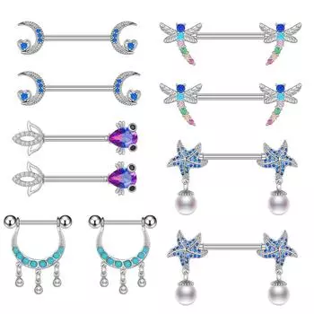 2 шт., стальной циркониевый пирсинг для сосков, сексуальный чехол для груди для женщин, модная морская звезда, луна, сердце, щит, штанга, кольцо для сосков