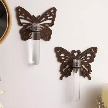 2 шт. Станция для размножения растений Бабочка Настенный деревянный террариум для гидропоники Декор для домашнего офиса Пробирка для размножения растений Держатель для черенков 2pcs коричневый