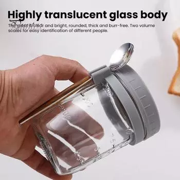 2 шт. стеклянные чашки для завтрака из овсянки с ложкой, хорошая герметичность, прозрачные весы, дизайн, миски для завтрака большого диаметра 350 серый