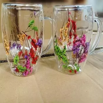 2 шт. стеклянные кофейные кружки с сушеными цветами, 11,83 унции, чашки для кофе с двойными стенками для эспрессо, теплоизолированные чашки для воды, летние зимние посуда для напитков, подарки на день рождения HX002