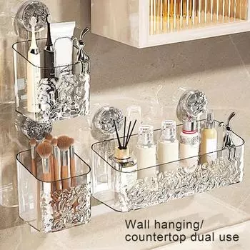 2 шт. стеллаж для хранения в ванной комнате, настенный, без сверления, дренажное дно, водонепроницаемый, съемный, роскошный стиль, большая несущая способность, прозрачный, разные белый