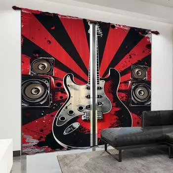 2 шт. стильных ярких красных, черных, белых занавесок с изображением пианино и гитары для спальни, гостиной, кухни, столовой, домашнего декора W50H60(CM)x2PCS&Hook
