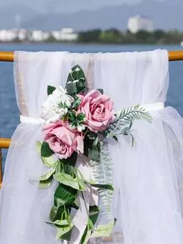 2 шт. Свадебные украшения для прохода для свадебной скамьи Искусственные цветы для спинки свадебного стула с цветочным рисунком с листьями и лентами для декора свадебной вечеринки розовый