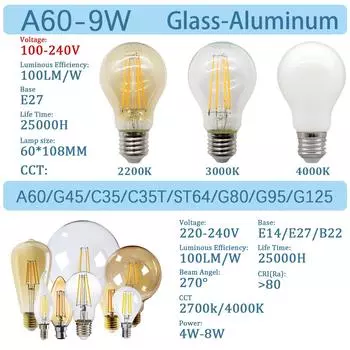 2 шт. светодиодная лампа накаливания E14 E27 C35 C35T ST64 G80 A60 220 В 4 Вт 9 Вт теплое белое стекло 360 градусов Эдисон ретро свечи светлячки AC220-240V