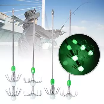 2 шт. светящиеся крючки для ловли кальмаров, двухслойные/однослойные крючки для ловли кальмаров, живые креветки, стержень из нержавеющей стали, рыболовные крючки для ловли осьминогов 2