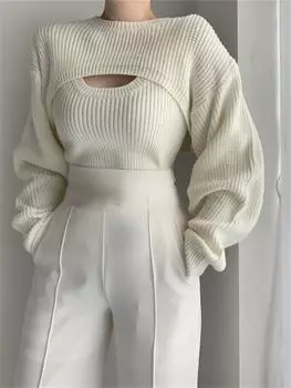 2 шт., свитер, вязаный жилет, топ, тонкий мягкий свитер, джемпер, женский повседневный ретро-модный уличный костюм, одежда в корейском стиле, женский пуловер One Size чёрный