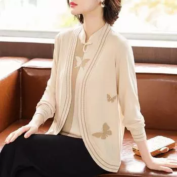 2 шт. трикотажные топы костюмы весна осень женский трикотажный кардиган куртка тонкая футболка с коротким рукавом открытая спереди трикотажное пальто плюс размер трикотажные футболки наряды M бежевый