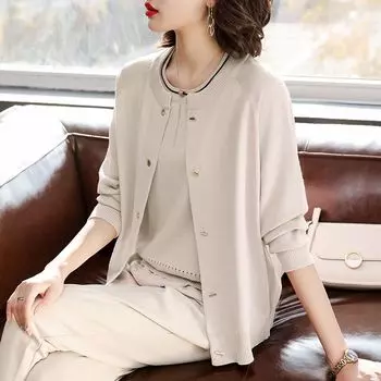 2 шт. трикотажные топы костюмы весна осень женский трикотажный кардиган куртка тонкая футболка с коротким рукавом из двух частей трикотажное пальто с открытым передом трикотажные футболки наряды M розовый