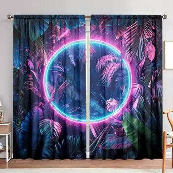 2 шт. тропических растений синий фиолетовый неоновый световой эффект печатных штор для домашнего декора - карманный карниз для оконного оформления спальни 52.5cmX116cm X 2pcs