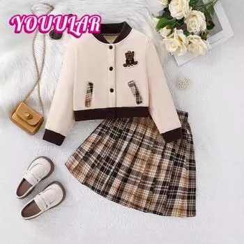 2 шт., удобная университетская куртка для девочек + клетчатая юбка с длинными рукавами и воротником-стойкой для активного отдыха на весну и осень, модный дизайн, подарок 7-8Y
