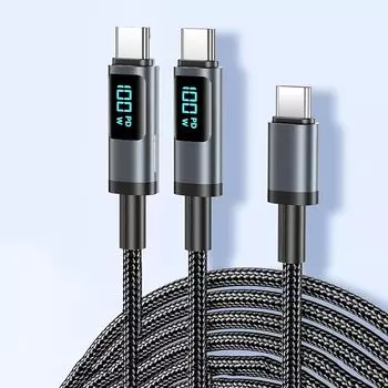 2 шт. USB-кабель типа C 100 Вт/5 А PD совместимый Type-C для быстрой зарядки Выходной экран нейлоновый вязаный кабель типа C для зарядки iPhone 15/15 Pro/15