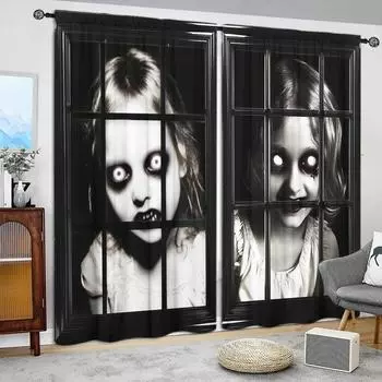 2 шт. Ужасающая девушка у окна с принтом занавесок для домашнего декора - Карманный кармашек для оконной отделки спальни, офиса, кухни 52.5cmX116cm X 2pcs