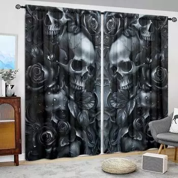 2 шт. ужасающих черных занавесок с принтом черепа и розы для домашнего декора на Хэллоуин - оконные карманы для спальни, офиса, 52.5cmX116cm X 2pcs