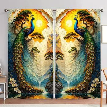 2 шт. Великолепный павлин под закатом с принтом штор для домашнего декора - Карманный карниз для оконной отделки для спальни, офиса, кухни 52.5cmX116cm X 2pcs