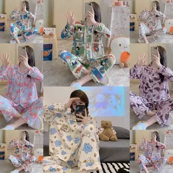 2 шт. Весна и осень женская пижама для девочек домашняя одежда осень и зима мультфильм милый домашний комплект брюки с длинными рукавами One Size(35-75kg)