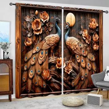 2 шт. Винтажная деревянная резная занавеска с принтом павлина для домашнего декора - Карманная штора для оконной отделки для спальни, офиса, кухни, Livi 52.5cmX116cm X 2pcs