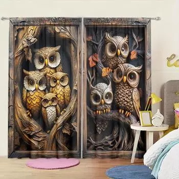 2 шт. Винтажная резная деревянная штора с принтом совы для домашнего декора - Карманная штора на карнизе для спальни, офиса, кухни 52.5cmX116cm X 2pcs