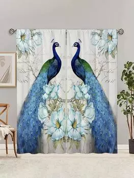 2 шт. Винтажные синие золотистые занавески с принтом животных в виде павлина, для спальни, офиса, кухни, гостиной, кабинета, домашнего декора W50xH130(CM)x2pcs&Hook