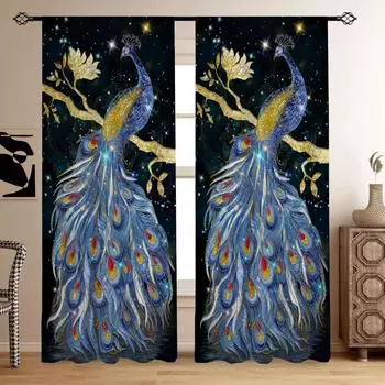 2 шт. Винтажные занавески с принтом павлина, декоративные шторы для кухни, спальни, гостиной, полузатемняющие короткие шторы, оконное угощение 100W130H(CM)40x51in&rod pocket