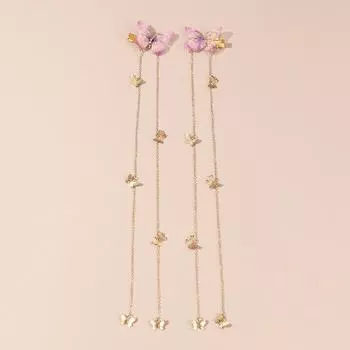 2 шт. Винтажный стиль для девочек, Газовая бабочка, Длинная цепочка, Зажим-краб, Заколка для волос, Повседневная, Дорожная заколка для волос, Головной убор