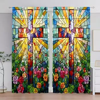 2 шт. Витражное стекло церкви с принтом занавески для домашнего декора - Карманное оконное оформление для спальни, офиса, кухни 52.5cmX116cm X 2pcs