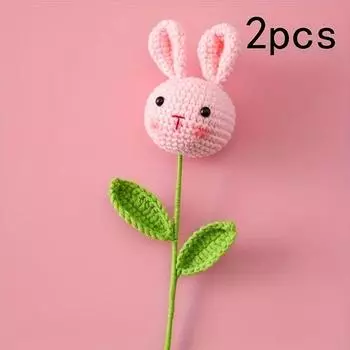 2 шт. Вязаные крючком зайчики ручной работы, декоративные веточки, милые кролики, пики для цветочного букета, праздничные пики с цветами и стеблями для вечеринки, для DIY-цветов 44x5cm розовый