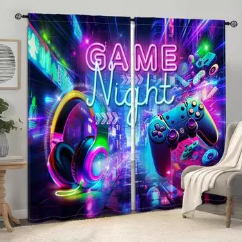 2 шт. VR Неоновый стиль игровой ночной принт занавески киберспортивные наушники принт геймпада карниз для штор 3D киберспортивный стиль декоративные шторы 2x50W130H(CM)&rod pocket