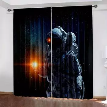 2 шт. Вселенная Звездное Небо Космические Узоры Моющиеся Карманные Шторы Космонавт Для Спальни Офиса Кухни Гостиной Кабинета Дома (W50H130cm)-2pcs&Hook