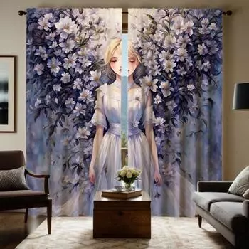 2 шт. в комплекте HD цветок мультфильм девушка декоративная занавеска фиолетовый галстук цифровая печать занавеска украшение дома стиль украшение гостиная W52H63inchW132H160cm