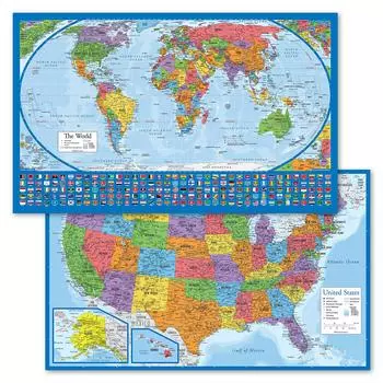 2 шт. в упаковке Equal Earth Blue World America Map Chart 18 x 29 - & [Длинный синий] (Ламинированный, дюймы)