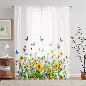 2 шт. в упаковке HD цифровой цветок бабочка принт оконный балдахин домашний декор стиль украшение гостиная спальня занавеска на стержнях W52H63inchW132H160cm белый