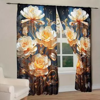 2 шт. великолепные золотые розы цветы напечатанные шторы для домашнего декора карниз для оконного оформления спальни офиса кухни окна 100W130H(CM)40x51in&rod pocket