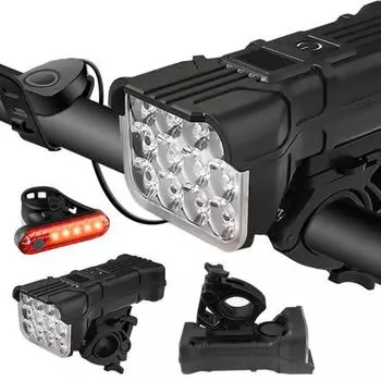 2 шт., велосипедный фонарь, USB перезаряжаемый дисплей питания, супер яркий, легкий, регулируемый, для ночной езды, по дороге, горный велосипед, звуковой сигнал, 12 светодиодных задних фонарей