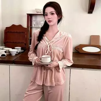 2 шт. велюровая ночная рубашка элегантный розовый кружевной пижамный комплект зимняя теплая домашняя одежда женская принцесса стиль домашняя одежда пижама Femme M розовый