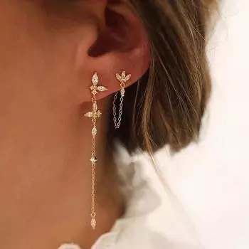 2 шт., висячие серьги на цепочке с кисточками из нержавеющей стали и цирконом для женщин, модные серьги золотого цвета с подвесками-бабочками, ювелирные изделия для пирсинга