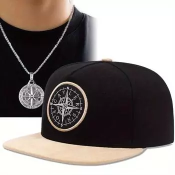 2 шт. вышитая шляпа с плоскими полями в стиле хип-хоп, кепка с утиным язычком, модная повседневная бейсбольная кепка, комплект из ожерелья с подвеской в виде диска и компаса для мужчин и женщин, спортивная шляпа от солнца чёрный