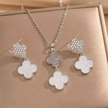 2 шт. высококачественные темпераментные легкие роскошные серьги-клеверы с полным цирконием, комплект ожерелий, лучший подарок для семьи и друзей necklace+earring белый
