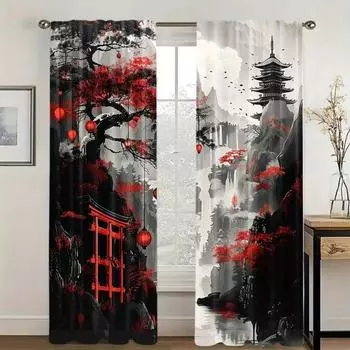 2 шт. Японский горный принт цифровая печать шторы полиэстер материал подходит для гостиной одежды кухни 2x50W130H(CM)40x51in&Hook